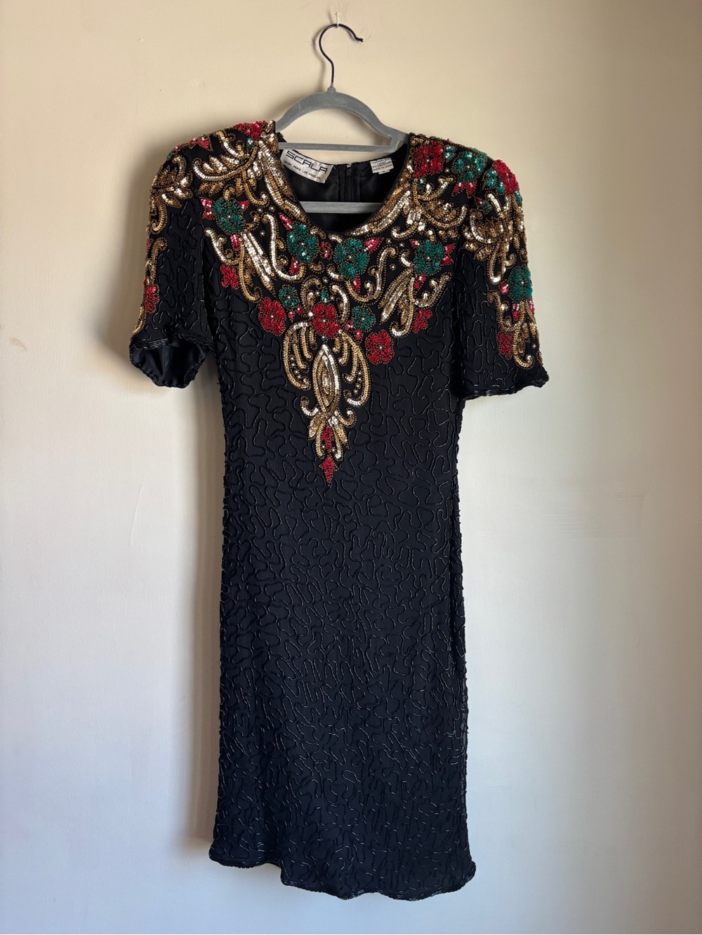 Scala Vintage Black Silk Beaded Cocktail Dress size Small